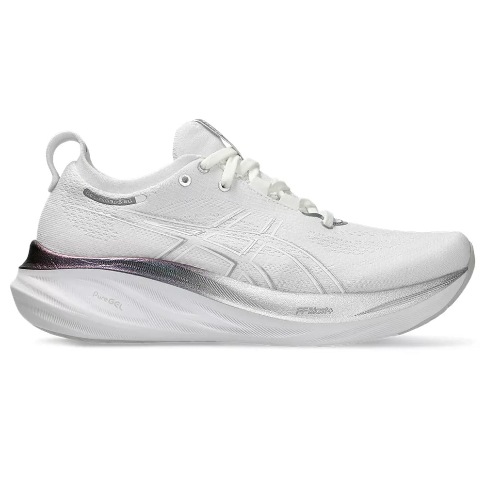 Women's Asics GEL-Nimbus 26 Platinum, Real White/Pure Silver, 5 B Medium