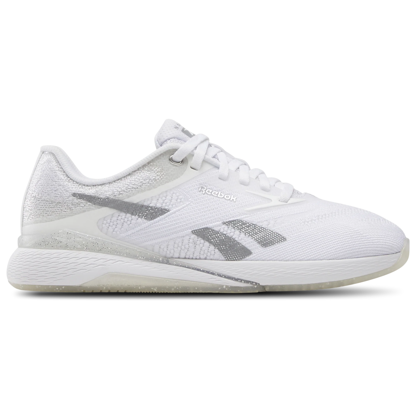 Women's Reebok Nano X5, Ftwr White/Barely Grey/Silver Metallic, 6 B Medium