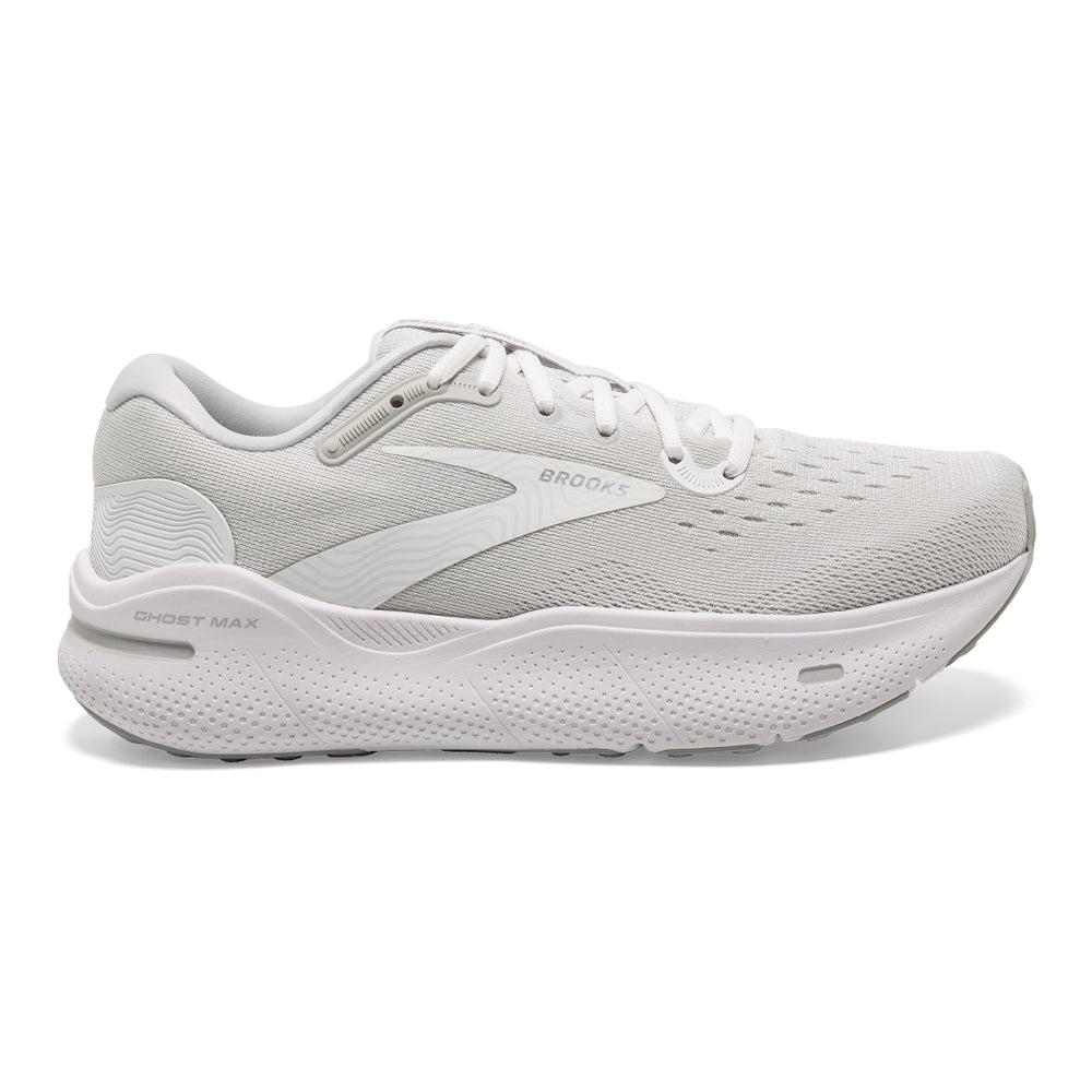 Men's Brooks Ghost Max, White/Oyster/Metallic Silver, 14 D Medium
