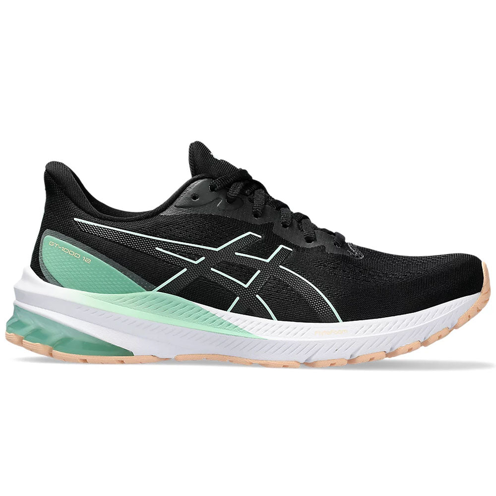 Women's Asics GT-1000 12, Black/Mint Tint, 5.5 D Wide