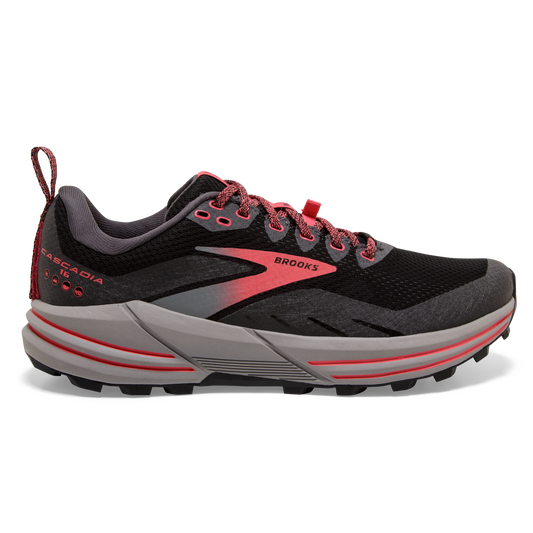 Women's Brooks Cascadia 16 GTX, Black/Blackened Pearl/Coral, 7 B Medium