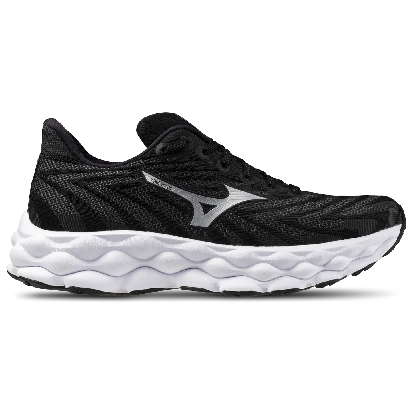Women's Mizuno Wave Sky 8, Black/Silver, 7.5 D Wide