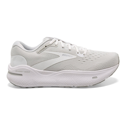 Men's Brooks Ghost Max, White/Oyster/Metallic Silver, 14 D Medium