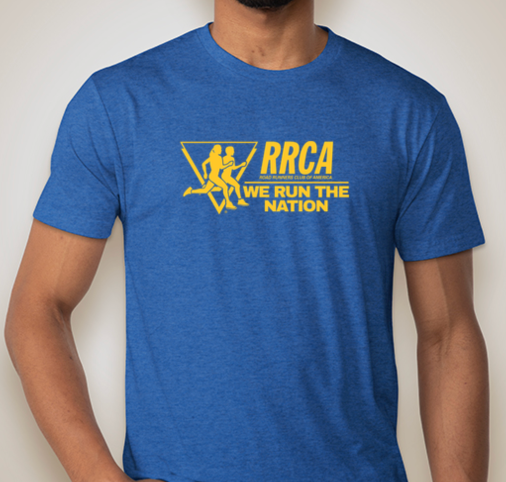 Person wearing a blue t-shirt with yellow RRCA logo and text.