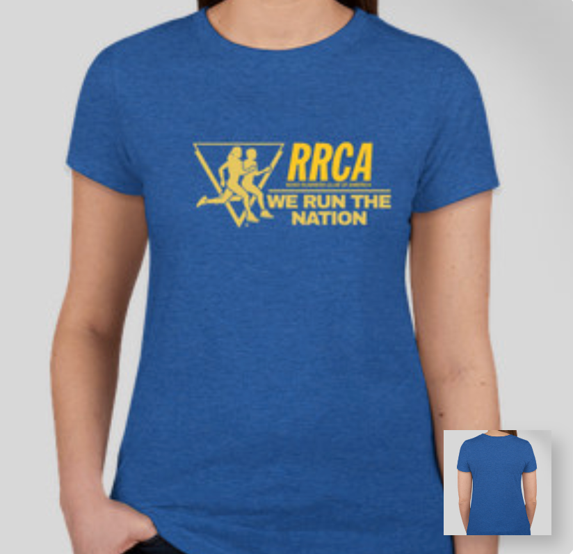 Blue t-shirt with yellow 'RRCA We Run the Nation' logo worn by a person on a white background