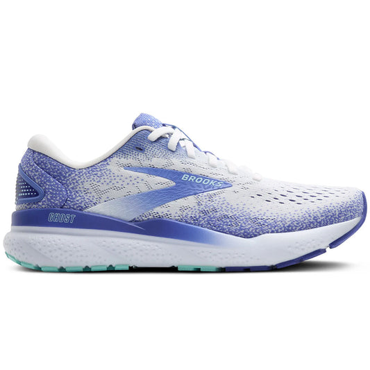 Women's Brooks Ghost 16, White/Amparo Blue/Limpet Shell, 7.5 B Narrow
