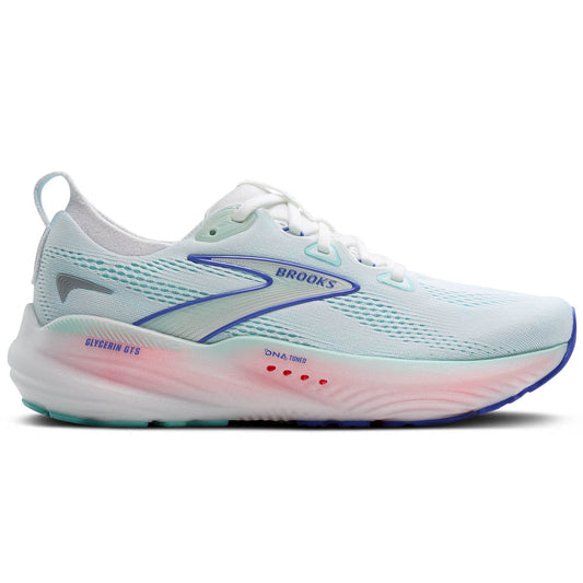 Women's Brooks Glycerin GTS 22, White/Limpet Shell/Amparo Blue, 9 D Wide