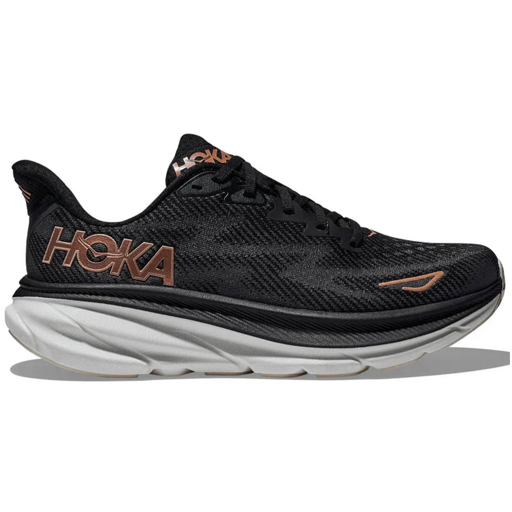 Women's Hoka Clifton 9, Black/Rose Gold, 9.5 D Wide