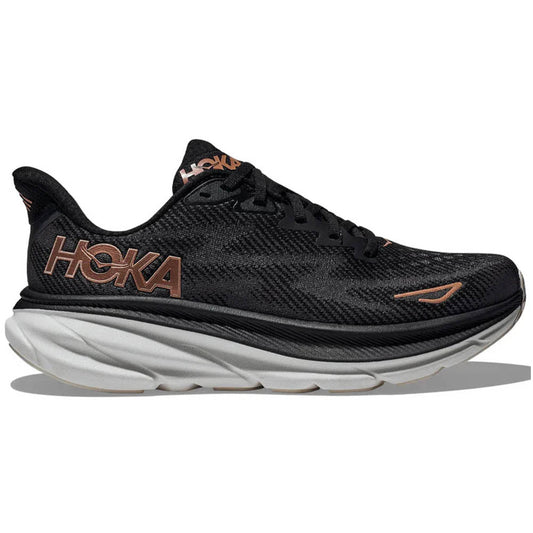 Women's Hoka Clifton 9, Black/Rose Gold, 9.5 D Wide