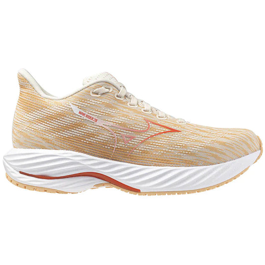 Women's Mizuno Wave Rider 28, Pristine/Spicy Orange, 8.5 B Medium
